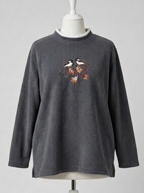 Croft & Barrow XL Gray Fleece Pullover Sweatshirt Embroidered Birds Chickadees